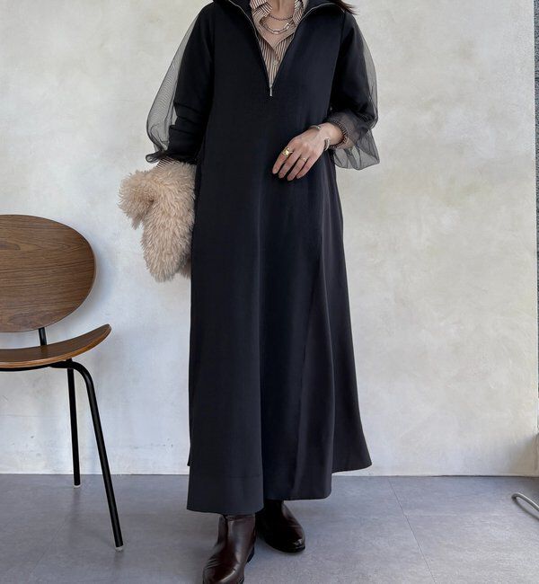  「【WEB限定】袖チュールハーフジップワンピース」|ワンピース|