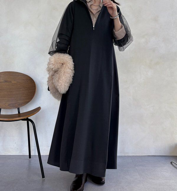  「【WEB限定】袖チュールハーフジップワンピース」|ワンピース|