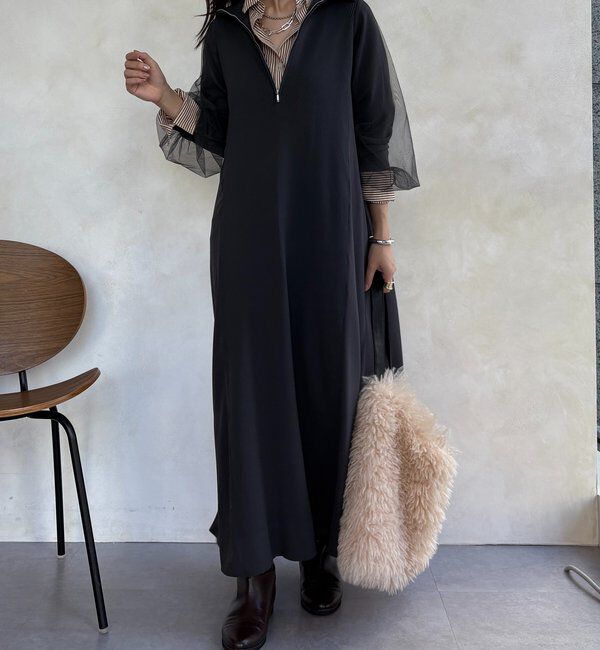  「【WEB限定】袖チュールハーフジップワンピース」|ワンピース|