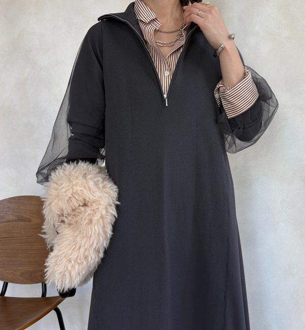  「【WEB限定】袖チュールハーフジップワンピース」|ワンピース|