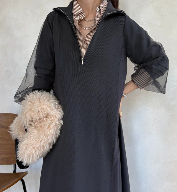  「【WEB限定】袖チュールハーフジップワンピース」|ワンピース|