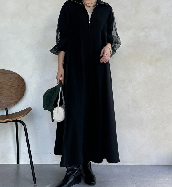  「【WEB限定】袖チュールハーフジップワンピース」|ワンピース|
