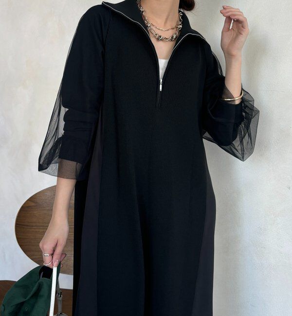  「【WEB限定】袖チュールハーフジップワンピース」|ワンピース|