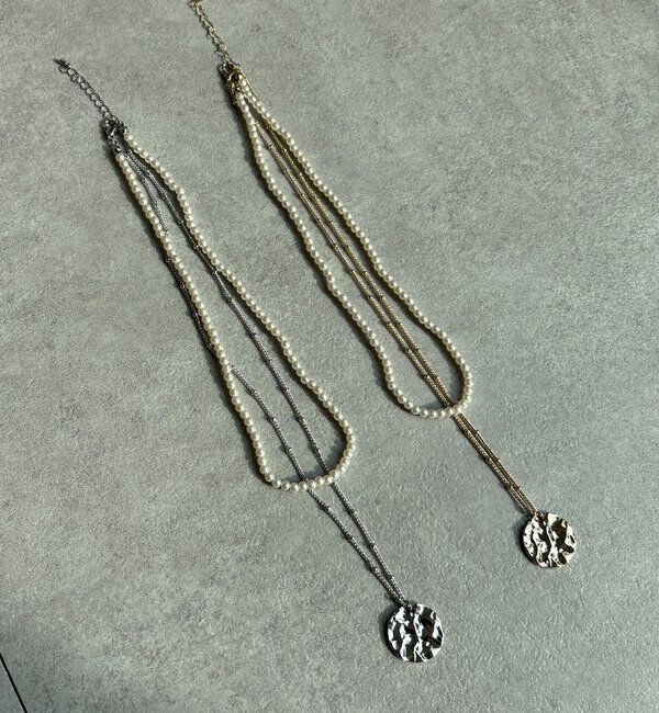  「パール&times;メタルプレートレイヤードネックレス」|ネックレス|