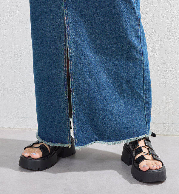  「【2サイズ展開】デニムロングスリットスカート」|スカート|