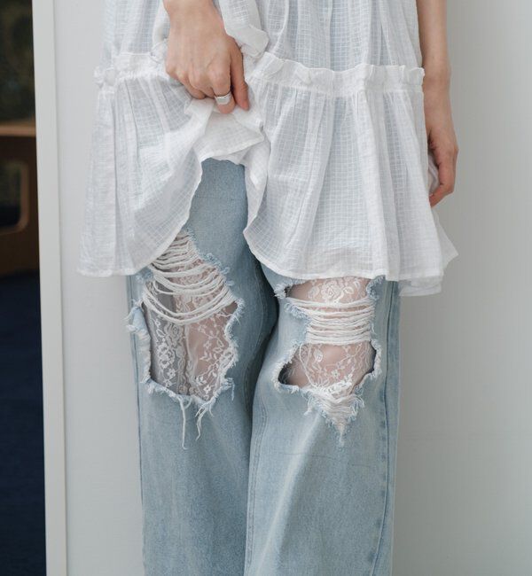  「【低身長サイズ/2サイズ展開/ウエスト調節可】レースデニムパンツ」|デニム|