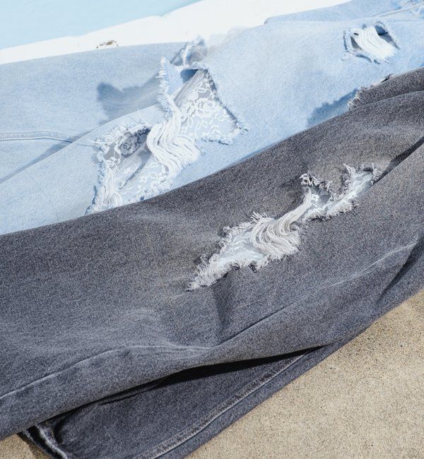  「【低身長サイズ/2サイズ展開/ウエスト調節可】レースデニムパンツ」|デニム|