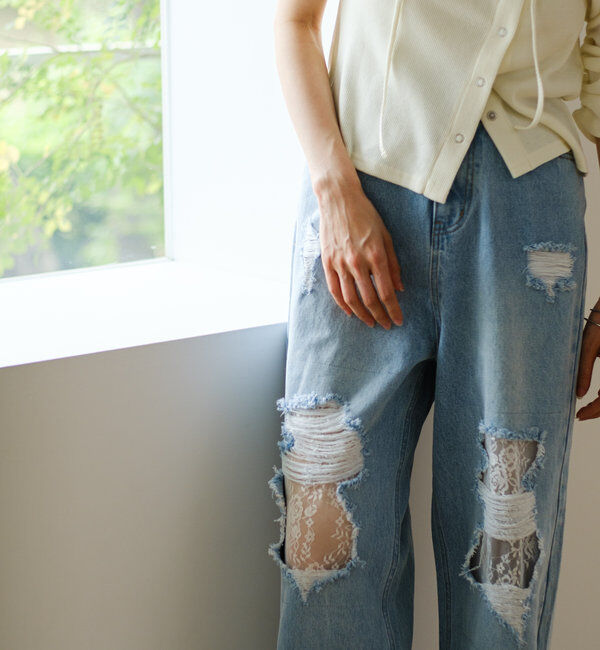  「【低身長サイズ/2サイズ展開/ウエスト調節可】レースデニムパンツ」|デニム|