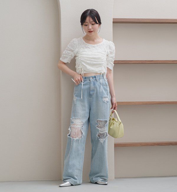  「【低身長サイズ/2サイズ展開/ウエスト調節可】レースデニムパンツ」|デニム|