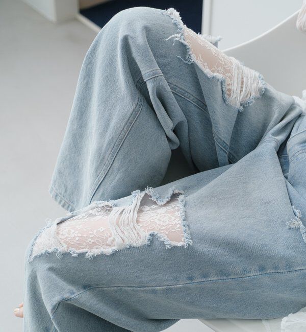  「【低身長サイズ/2サイズ展開/ウエスト調節可】レースデニムパンツ」|デニム|