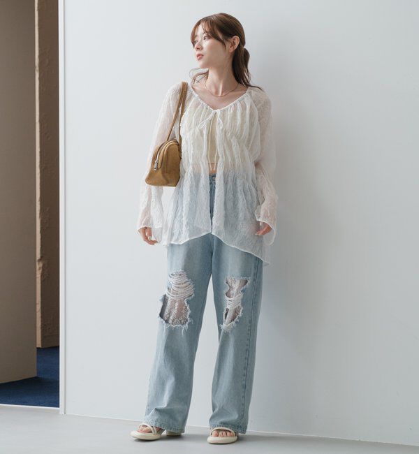  「【低身長サイズ/2サイズ展開/ウエスト調節可】レースデニムパンツ」|デニム|