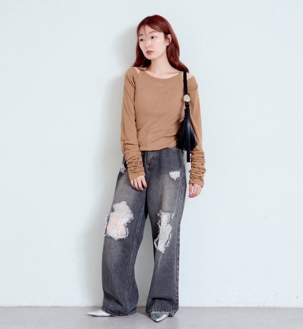  「【低身長サイズ/2サイズ展開/ウエスト調節可】レースデニムパンツ」|デニム|