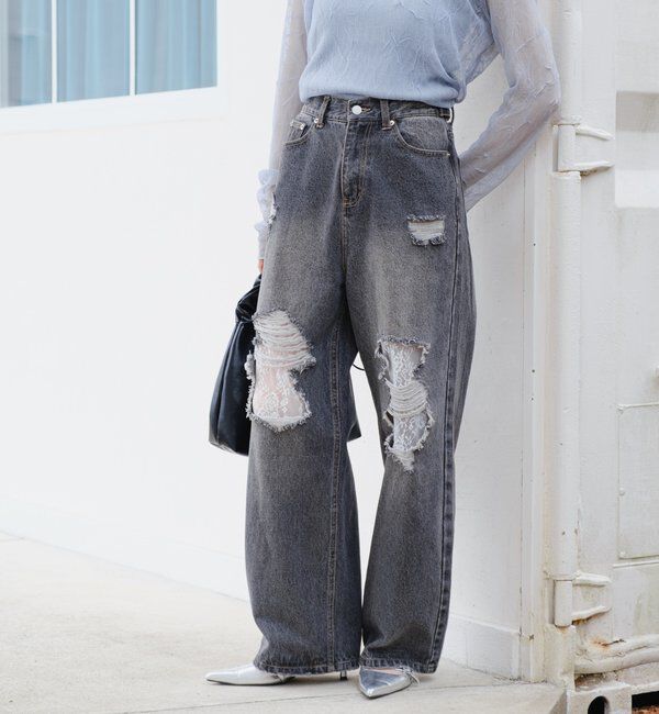  「【低身長サイズ/2サイズ展開/ウエスト調節可】レースデニムパンツ」|デニム|