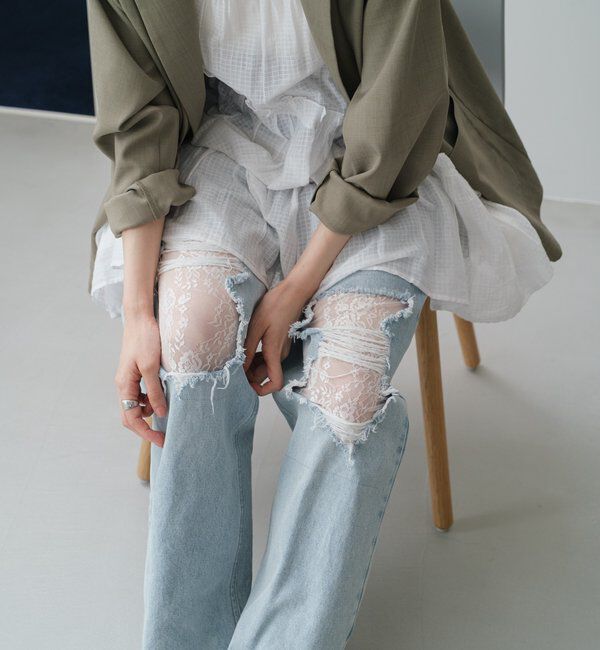  「【低身長サイズ/2サイズ展開/ウエスト調節可】レースデニムパンツ」|デニム|