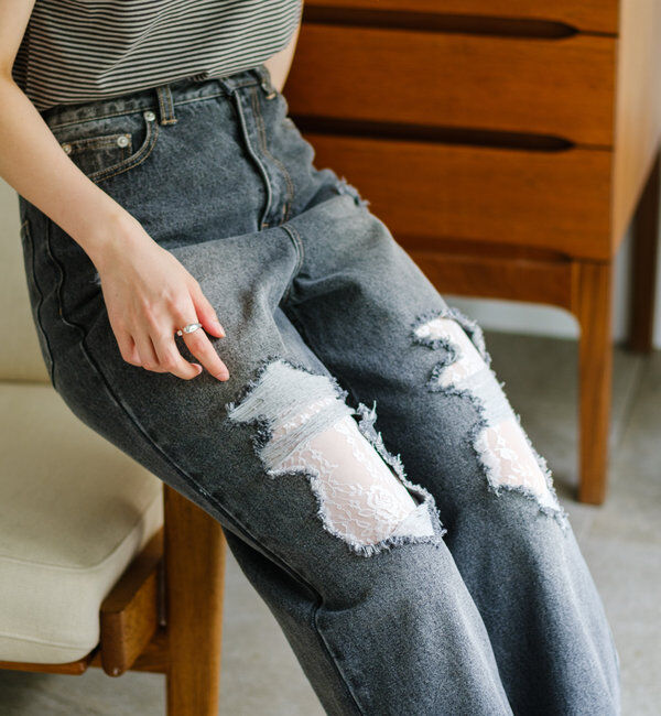  「【低身長サイズ/2サイズ展開/ウエスト調節可】レースデニムパンツ」|デニム|