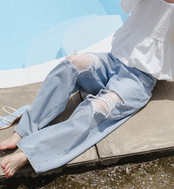  「【低身長サイズ/2サイズ展開/ウエスト調節可】レースデニムパンツ」|デニム|