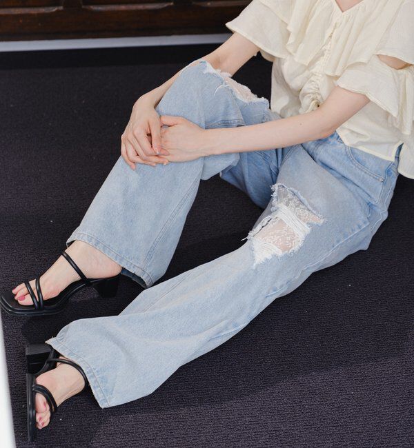  「【低身長サイズ/2サイズ展開/ウエスト調節可】レースデニムパンツ」|デニム|