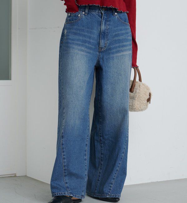  「【2サイズ展開/低身長サイズ/ウエスト調節可】カーブステッチデニム」|デニム|