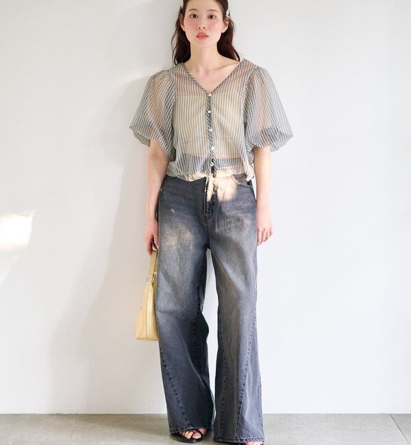  「【2サイズ展開/低身長サイズ/ウエスト調節可】カーブステッチデニム」|デニム|