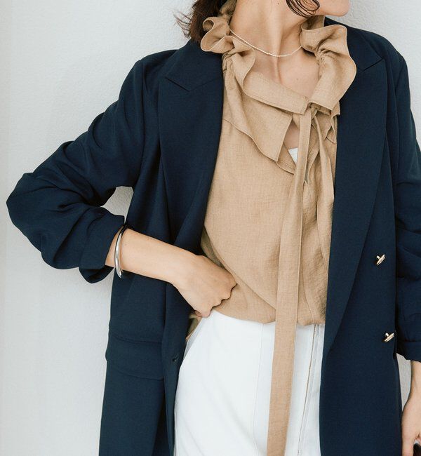  「【顔まわり華やか】リネンライクフリルカラーブラウス」|シャツ・ブラウス|