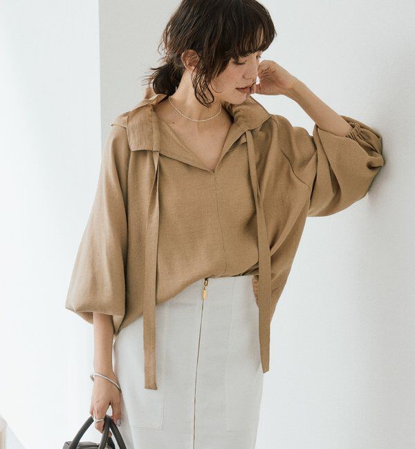  「【顔まわり華やか】リネンライクフリルカラーブラウス」|シャツ・ブラウス|