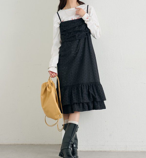  「フラワー刺繍キャミワンピース」|ワンピース|ブラック