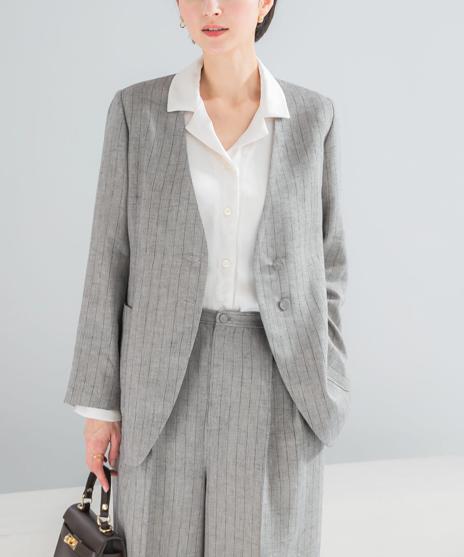 URBAN RESEARCH ROSSO「ラメリネンストライプノーカラージャケット」|ノーカラージャケット|