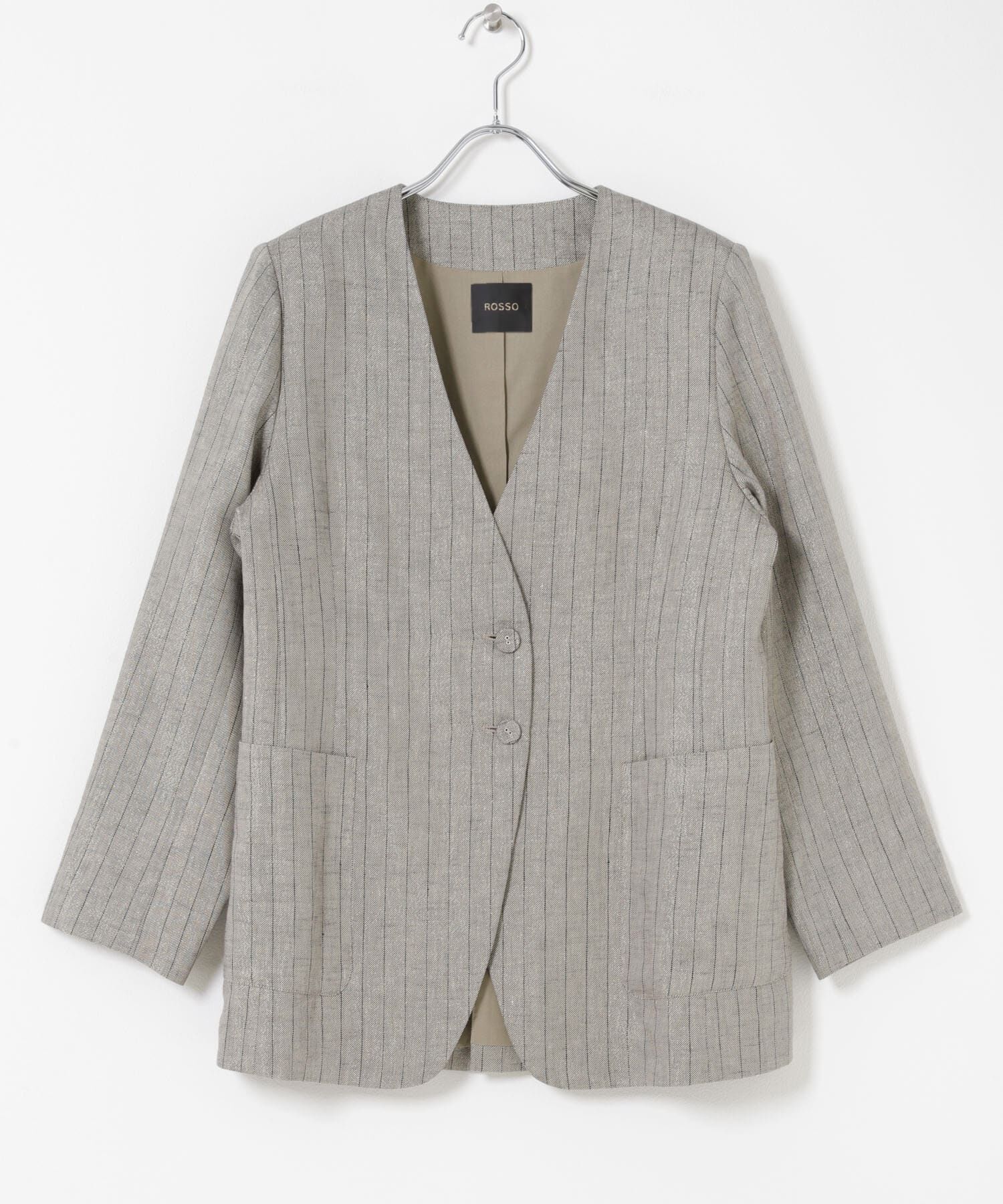 URBAN RESEARCH ROSSO「ラメリネンストライプノーカラージャケット」|ノーカラージャケット|