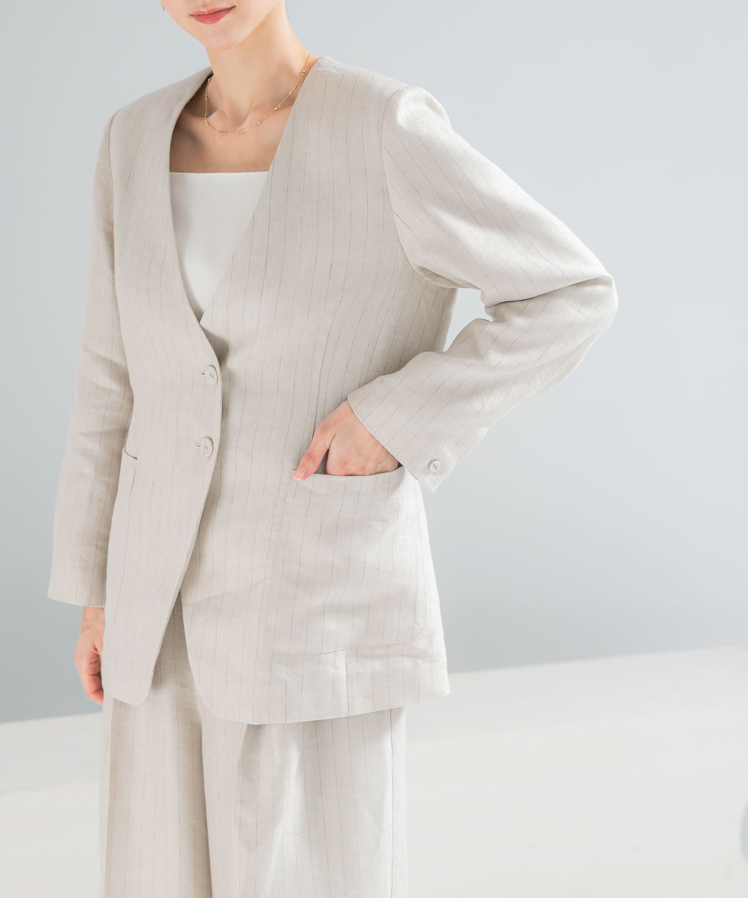 URBAN RESEARCH ROSSO「ラメリネンストライプノーカラージャケット」|ノーカラージャケット|