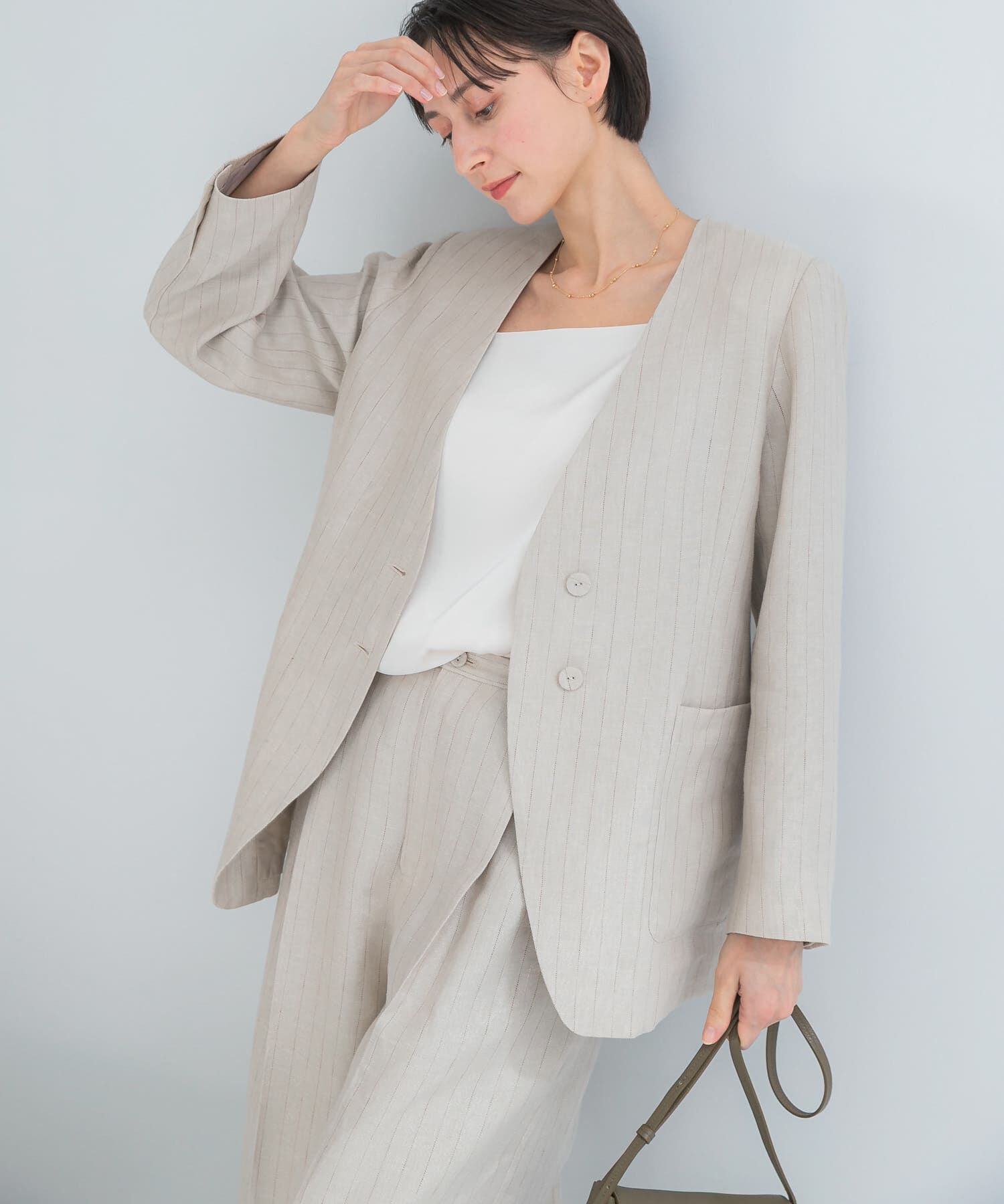 URBAN RESEARCH ROSSO「ラメリネンストライプノーカラージャケット」|ノーカラージャケット|