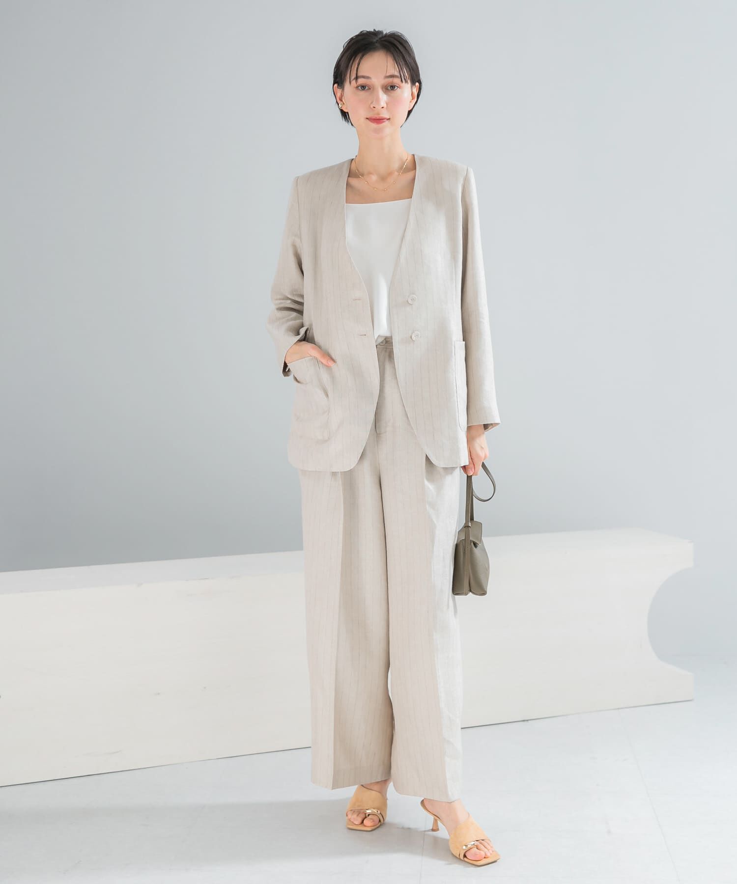 URBAN RESEARCH ROSSO「ラメリネンストライプノーカラージャケット」|ノーカラージャケット|