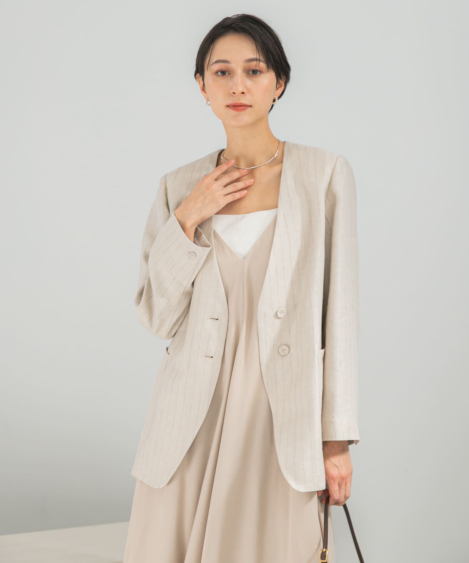 URBAN RESEARCH ROSSO「ラメリネンストライプノーカラージャケット」|ノーカラージャケット|