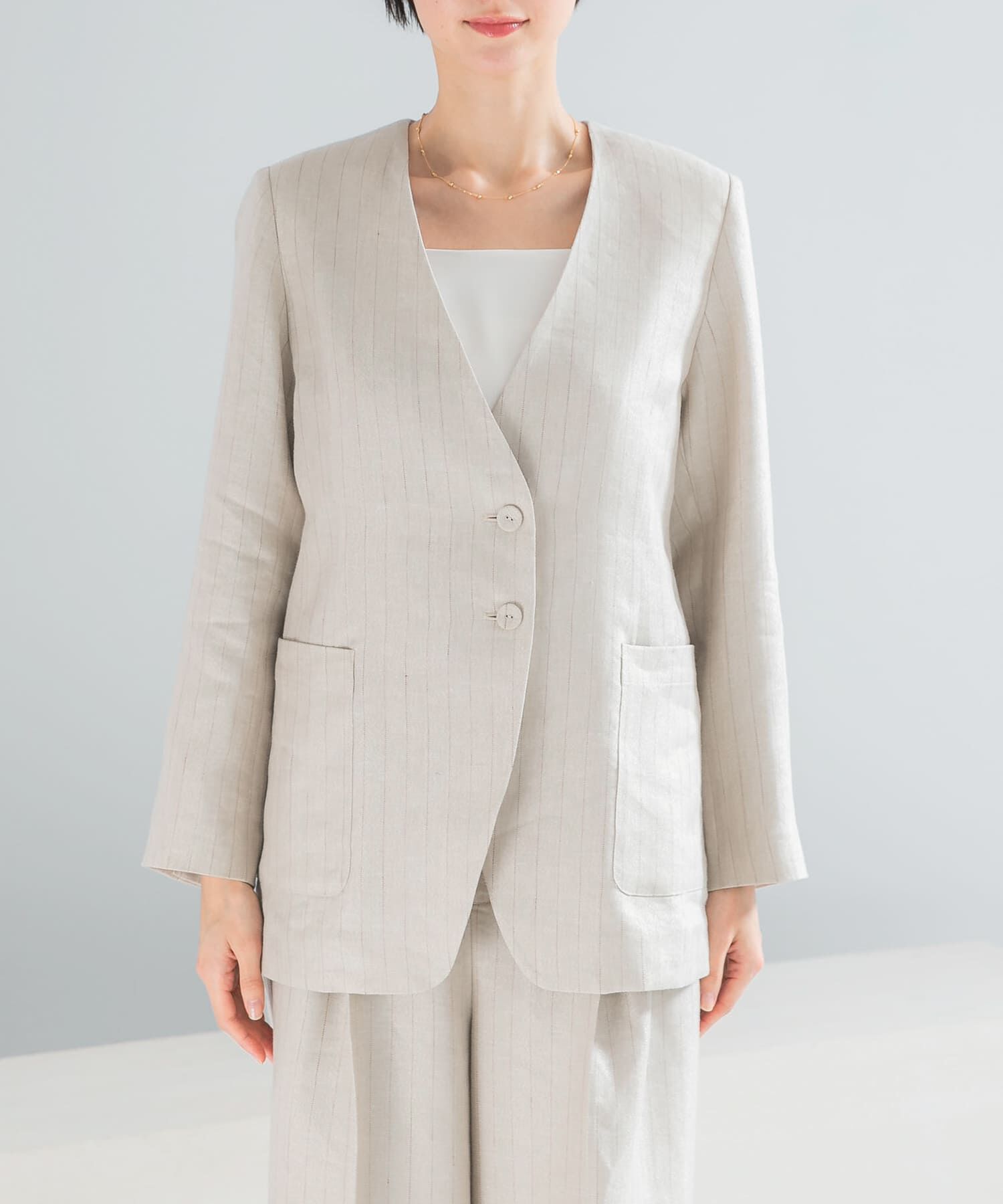 URBAN RESEARCH ROSSO「ラメリネンストライプノーカラージャケット」|ノーカラージャケット|