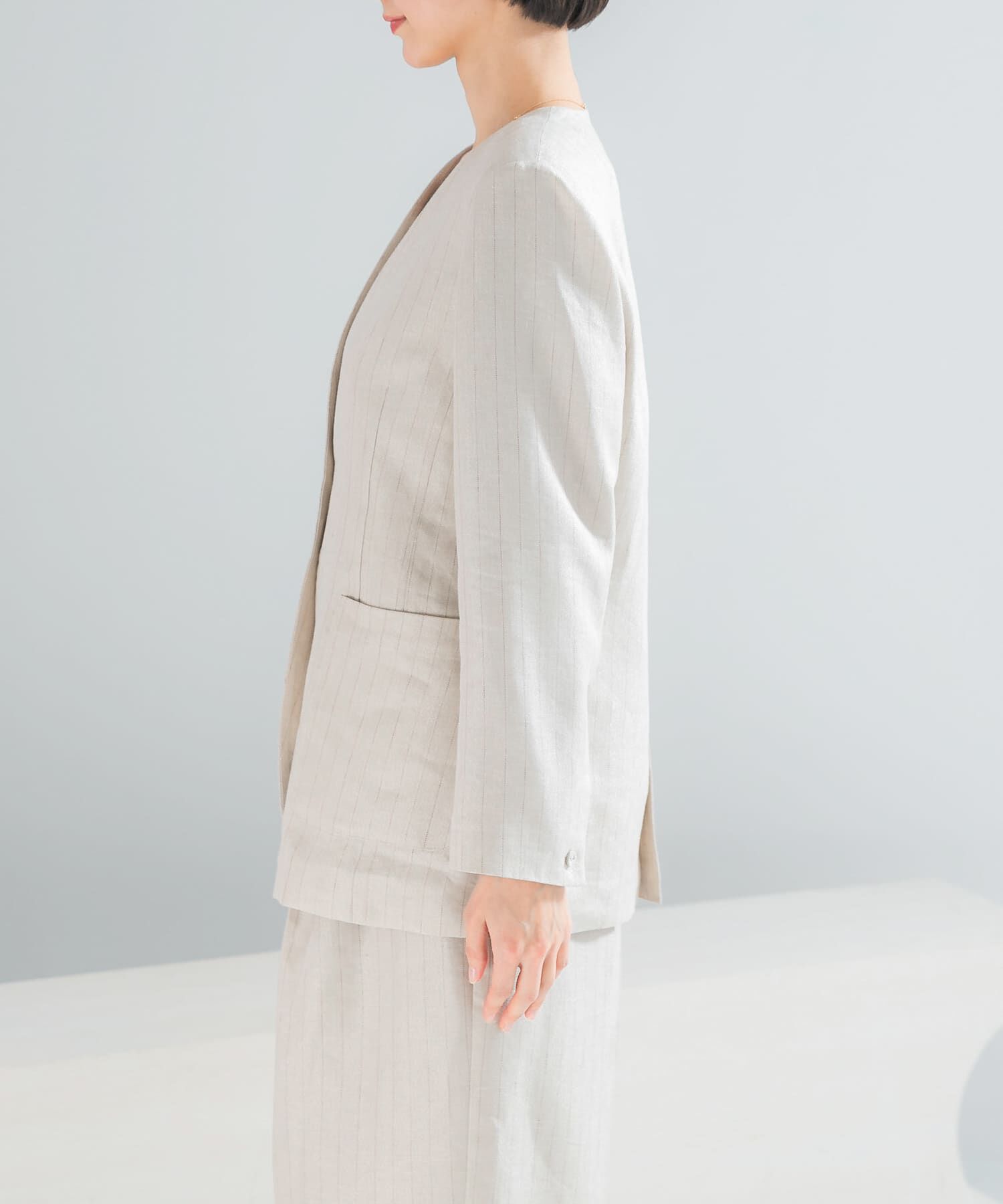 URBAN RESEARCH ROSSO「ラメリネンストライプノーカラージャケット」|ノーカラージャケット|