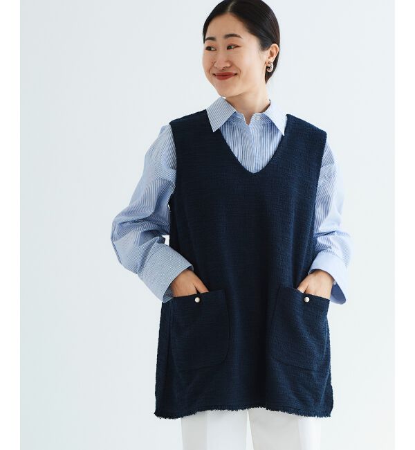 le.coeur blanc「《手洗い可能》ツイーディVネックフレアベスト」|ベスト・ジレ|ネイビー