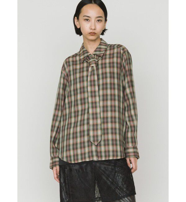 MIDIUMISOLID「MIDIUMISOLID for Ladies チェックレギュラーカラータイ付シャツ」|シャツ・ブラウス|ブラウン&times;グリーン