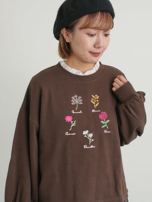 Samansa Mos2「クロスステッチフラワー刺繍スウェット」|Tシャツ・カットソー|ダークブラウン