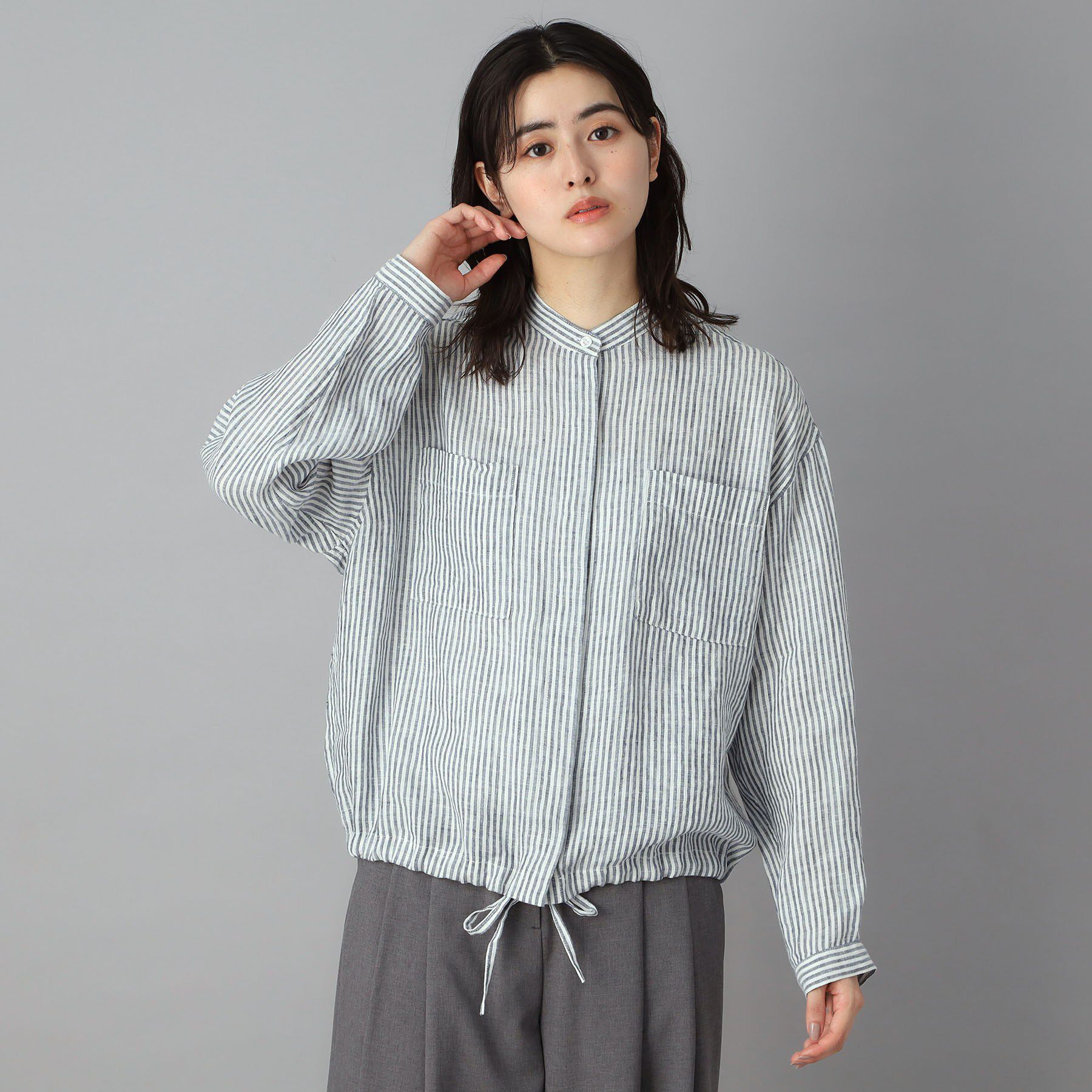 DRESSTERIOR「ストライプリネン ドロストシャツ」|シャツ・ブラウス|ネイビー(394)