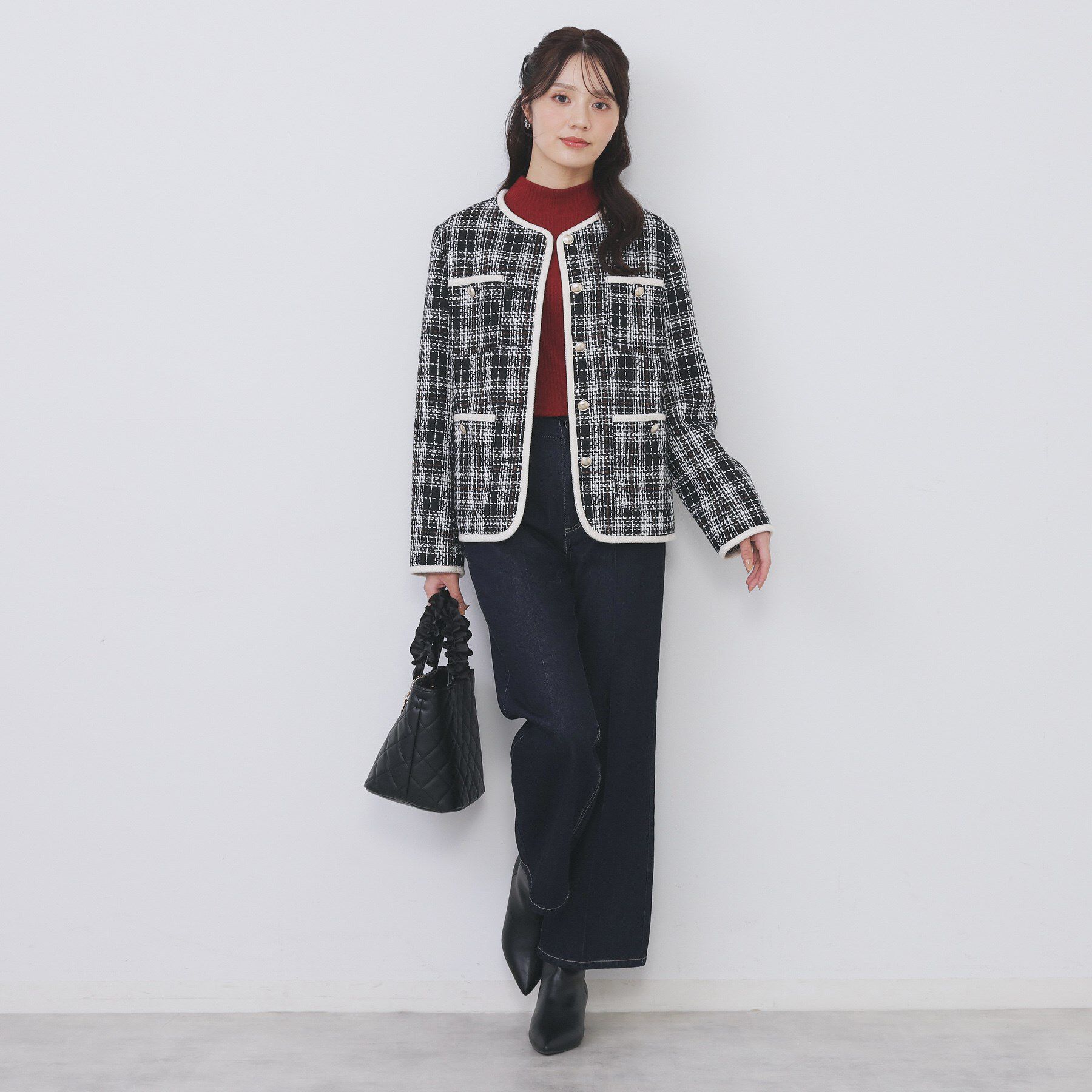 index「チェックツイードジャケットコート/セットアップ対応【洗える】」|ノーカラージャケット|
