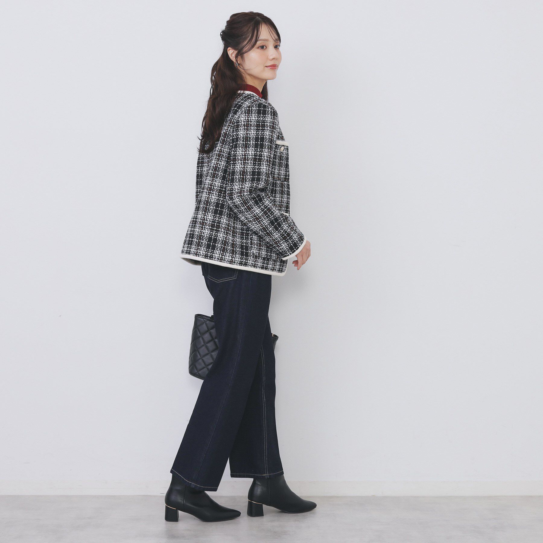 index「チェックツイードジャケットコート/セットアップ対応【洗える】」|ノーカラージャケット|