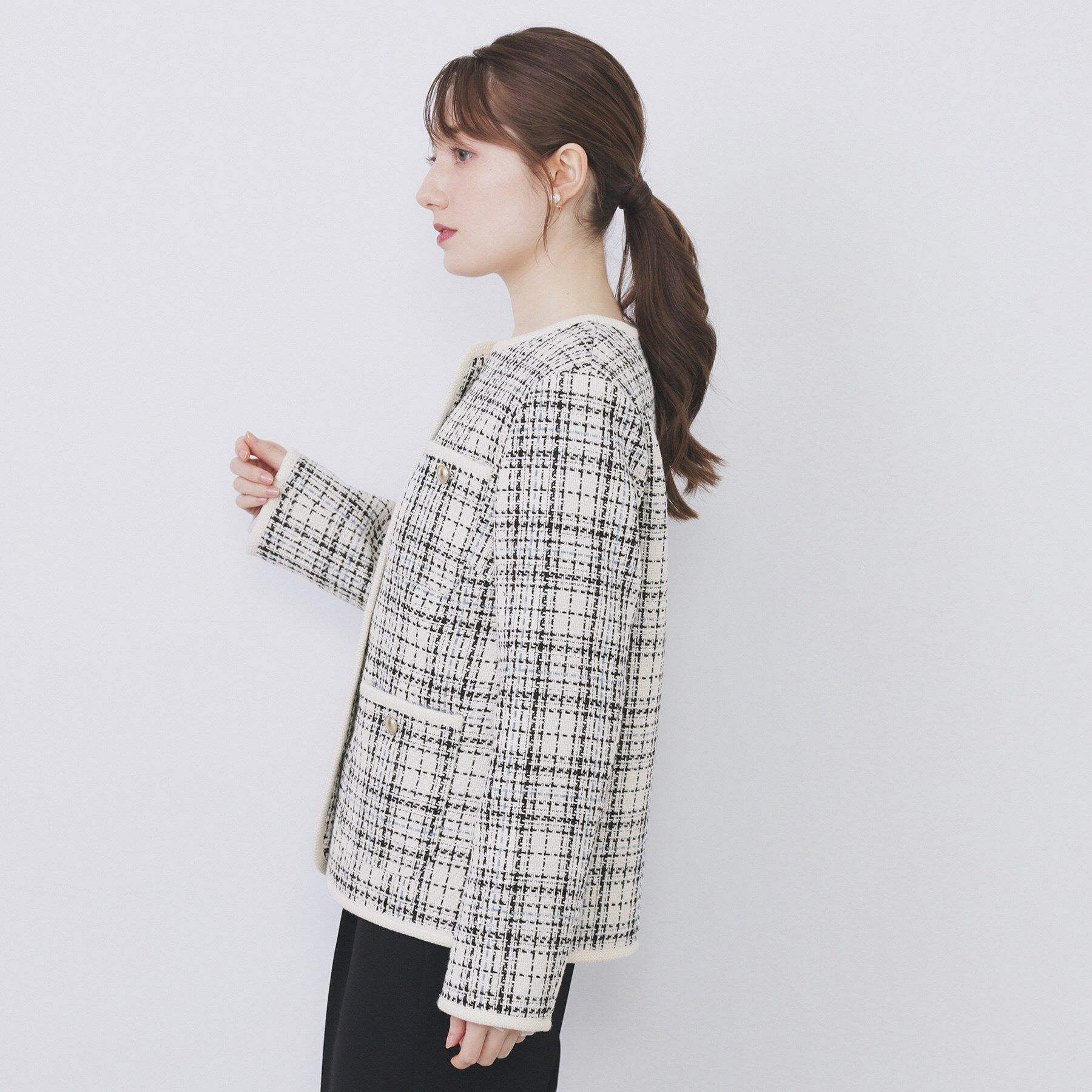 index「チェックツイードジャケットコート/セットアップ対応【洗える】」|ノーカラージャケット|