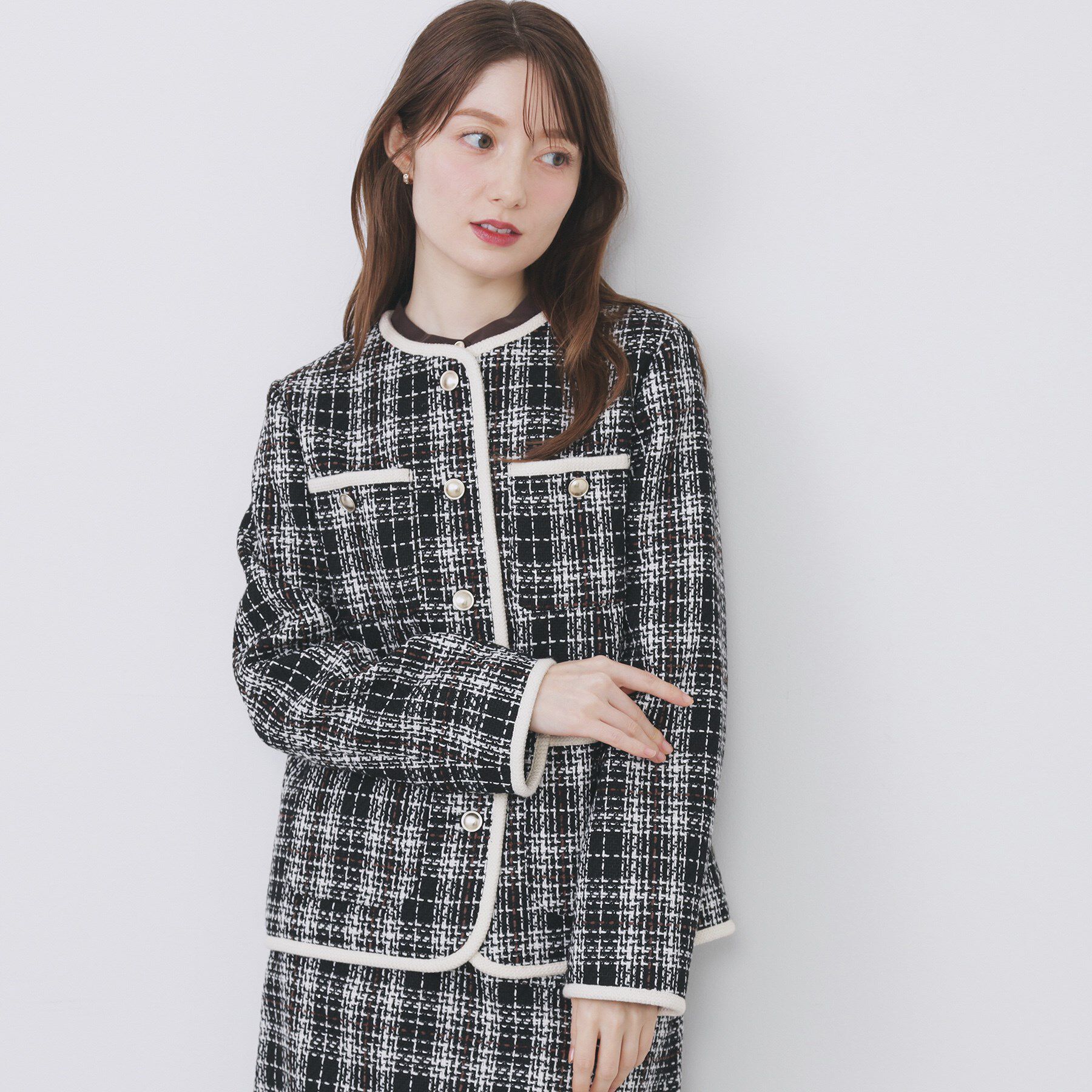 index「チェックツイードジャケットコート/セットアップ対応【洗える】」|ノーカラージャケット|