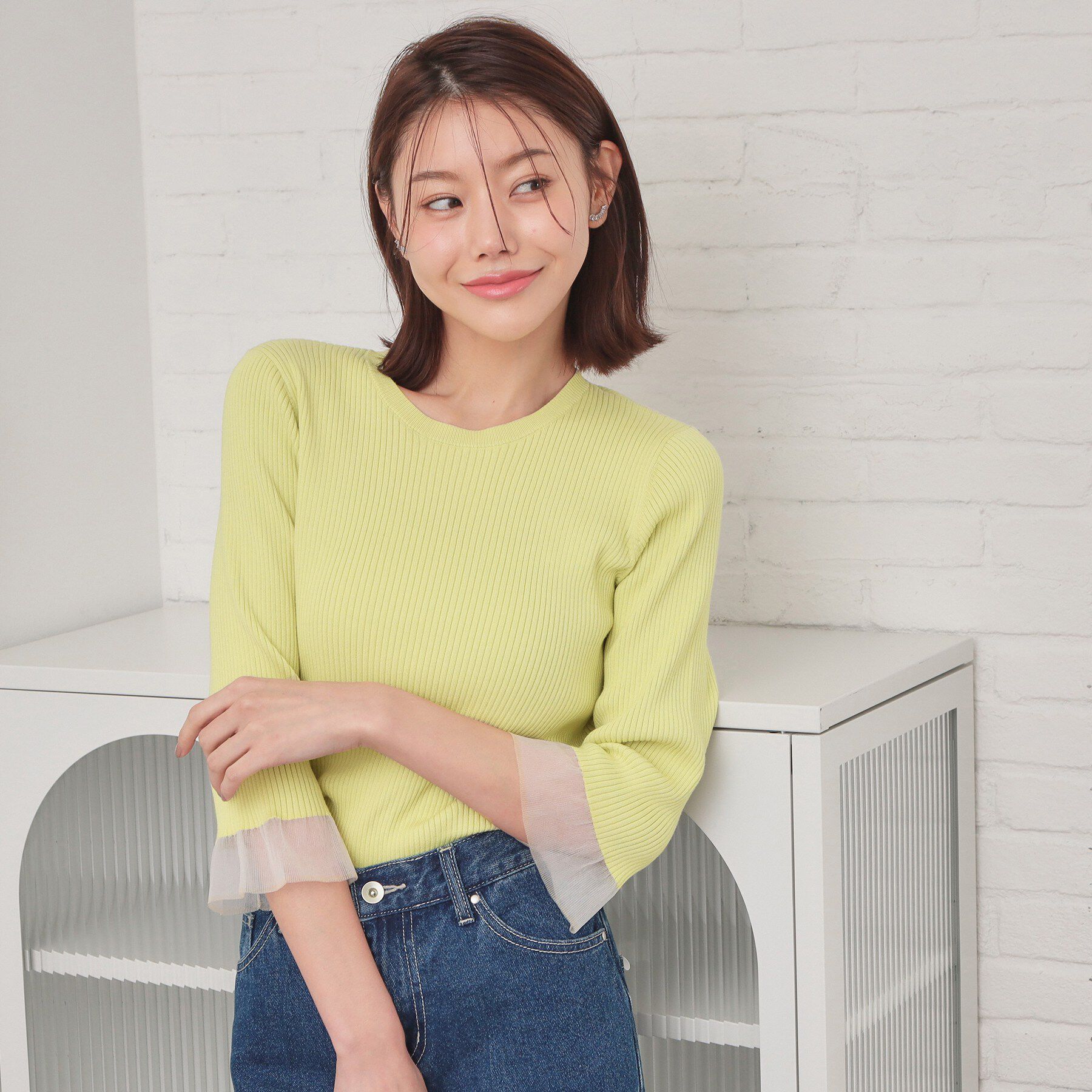 index「リブシアーフレアスリーブニット/オーガニックコットン【洗える/UVケア】」|ニット・セーター|ライトグリーン(82