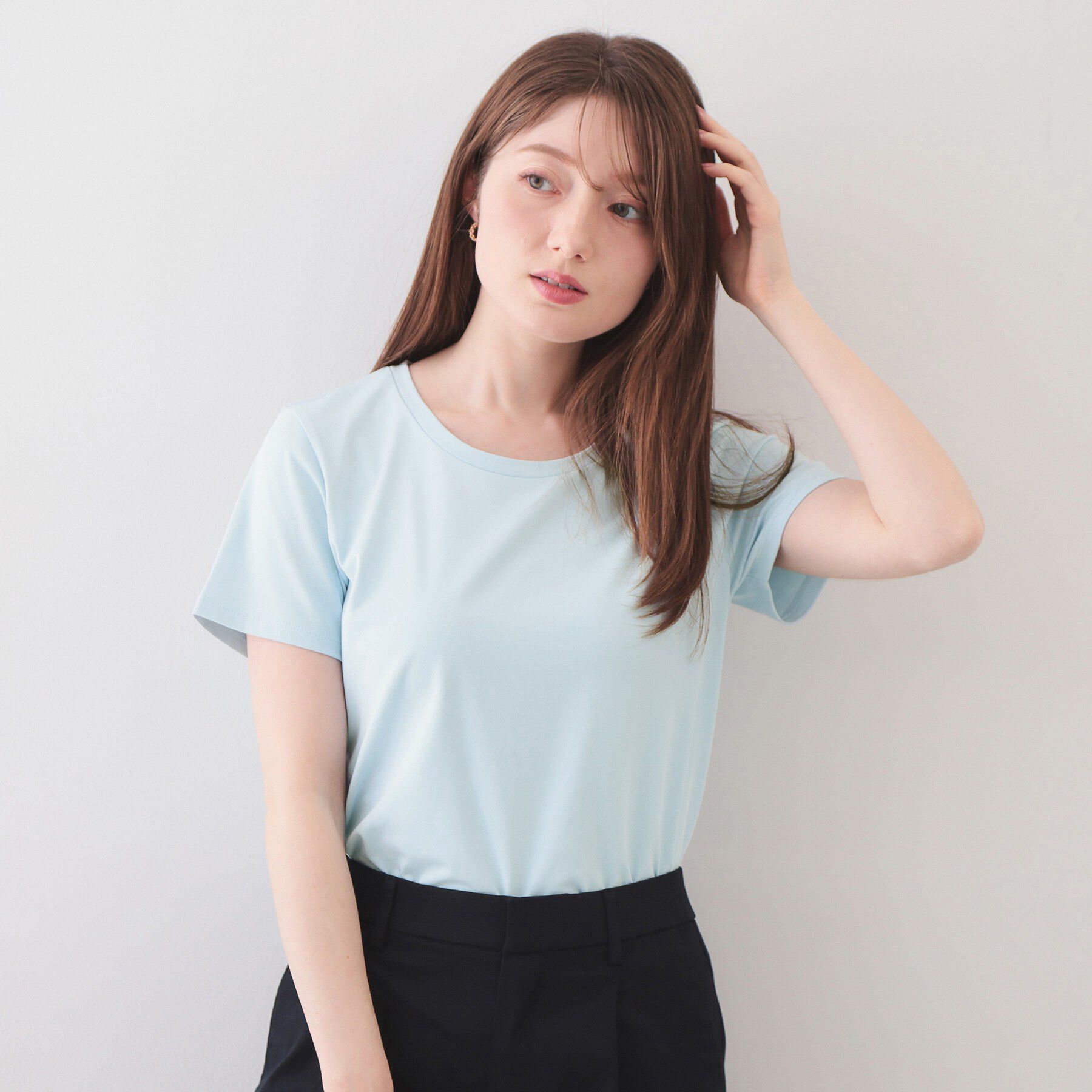 index「薄手なのに透けにくい！ベーシックTシャツ【洗濯機OK/接触冷感/吸水速乾/透け防止/UVケア】《S～」|Tシャツ・カットソー|サックスブルー(89