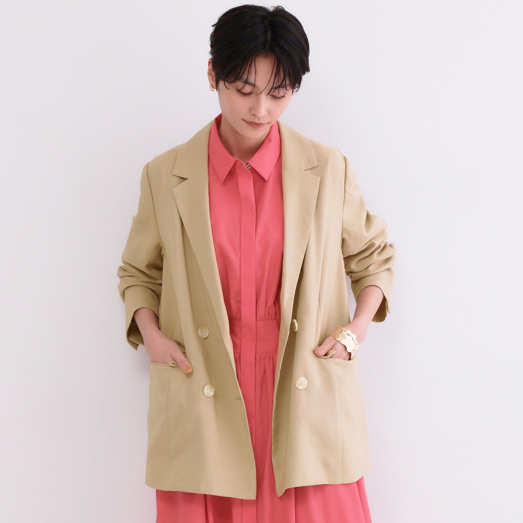 OPAQUE.CLIP「ダブルブレストジャケット【洗える/UVケア/防シワ加工/接触冷感】」|テーラードジャケット|ベージュ(052)