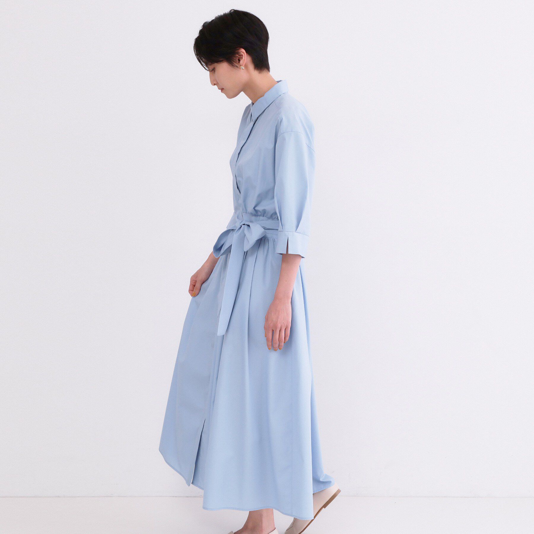 OPAQUE.CLIP「サッシュリボンベルト付きフレアシャツワンピース【洗濯機OK/防シワ加工】」|ワンピース|