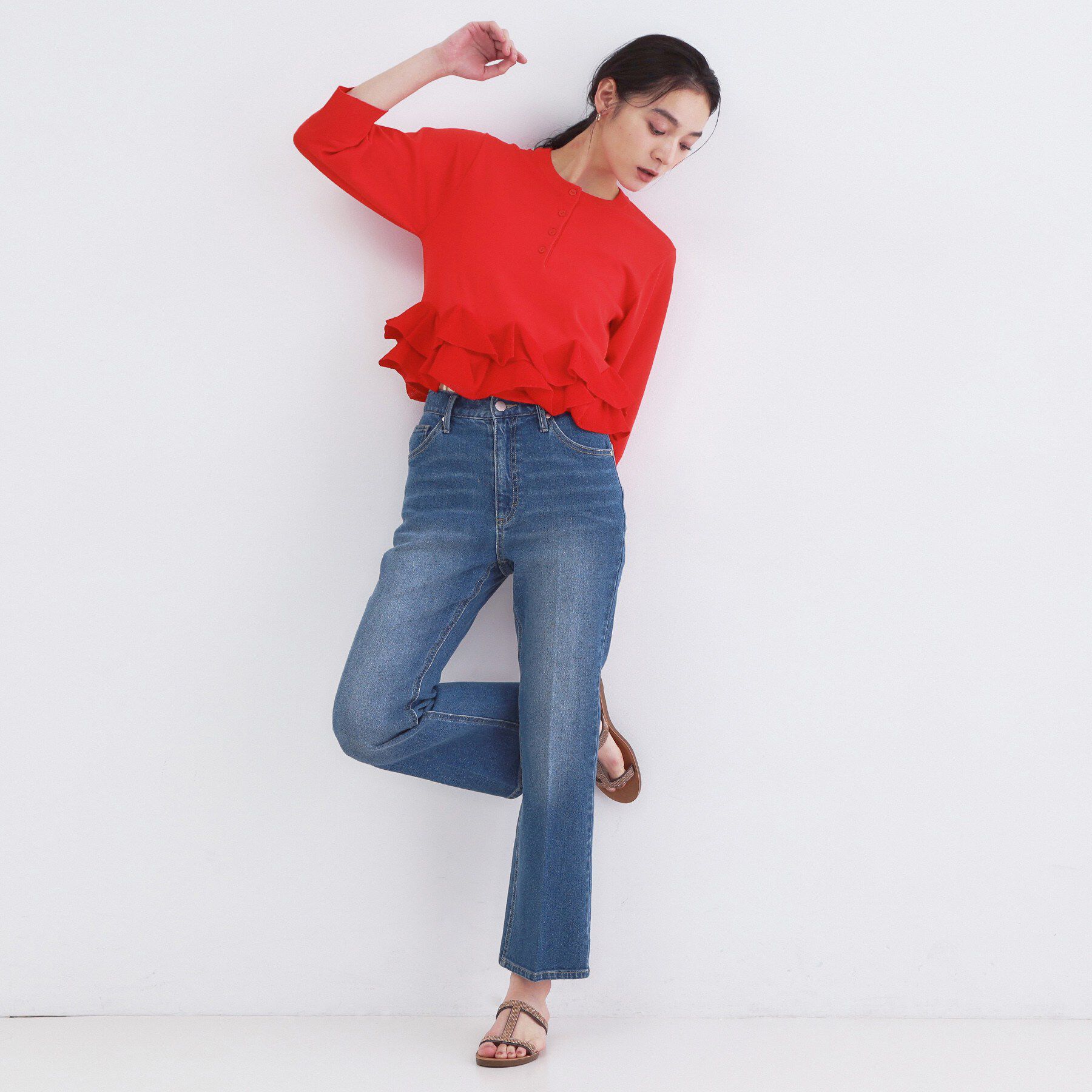 OPAQUE.CLIP「裾フリルヘンリーネックニット【洗濯機OK】」|ニット・セーター|