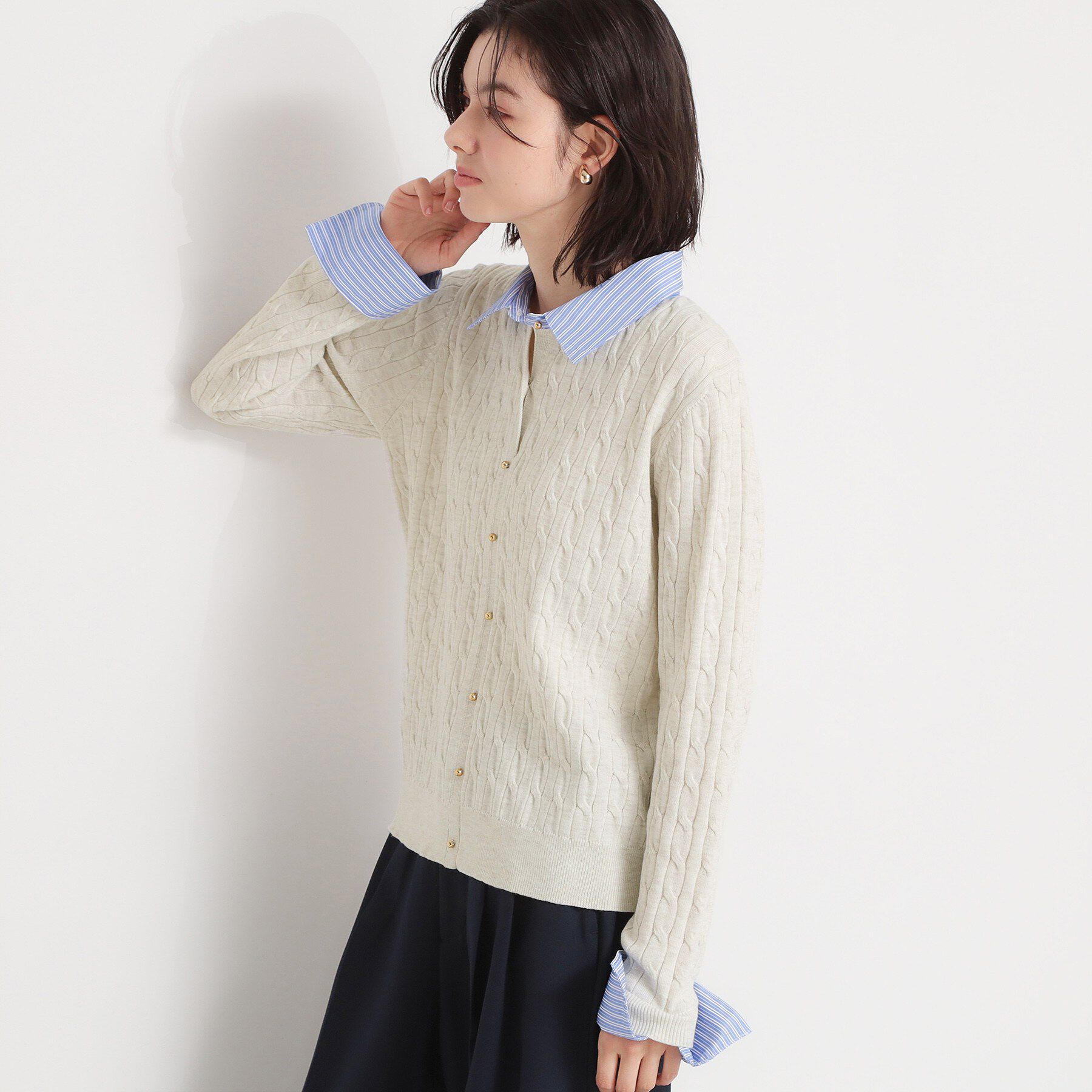 THE SHOP TK「【1枚でスタイル決まる】シャツレイヤード風 襟付ケーブルニット」|ニット・セーター|