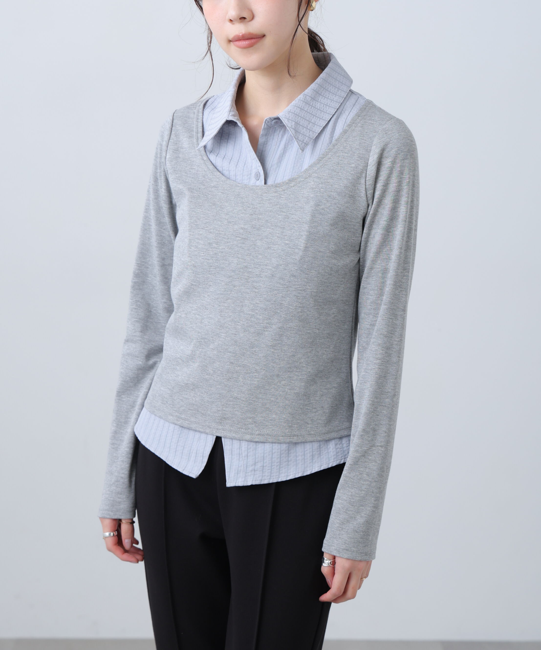  「シャツフェイクレイヤード深Uネックカットソー」|Tシャツ・カットソー|