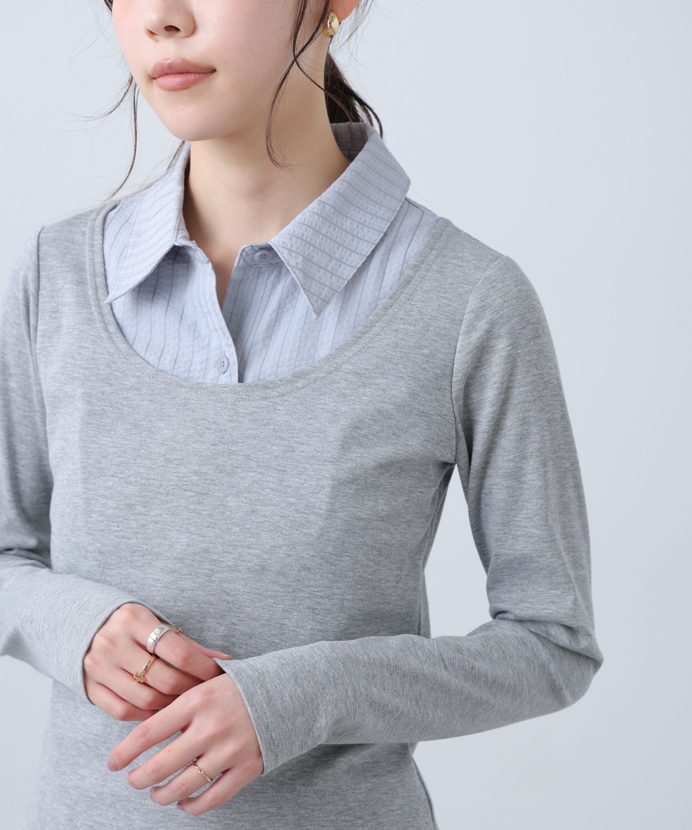  「シャツフェイクレイヤード深Uネックカットソー」|Tシャツ・カットソー|